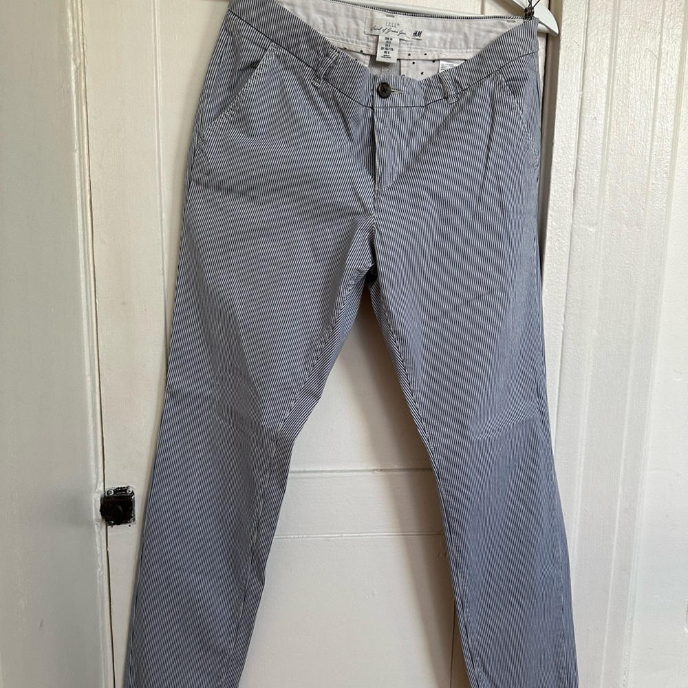 H&M White and Blue Trousers Versatile Cotton Blend